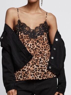 Zara Camisole Women Brown Leopard Print Lace Trim V-Neck Cami Top